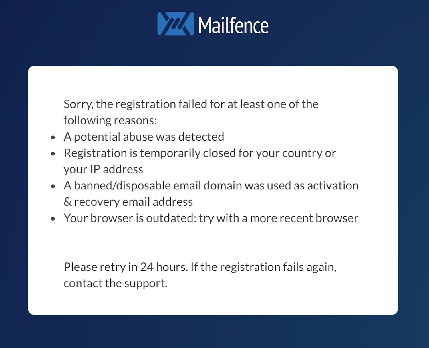 Mailfence registratiefout