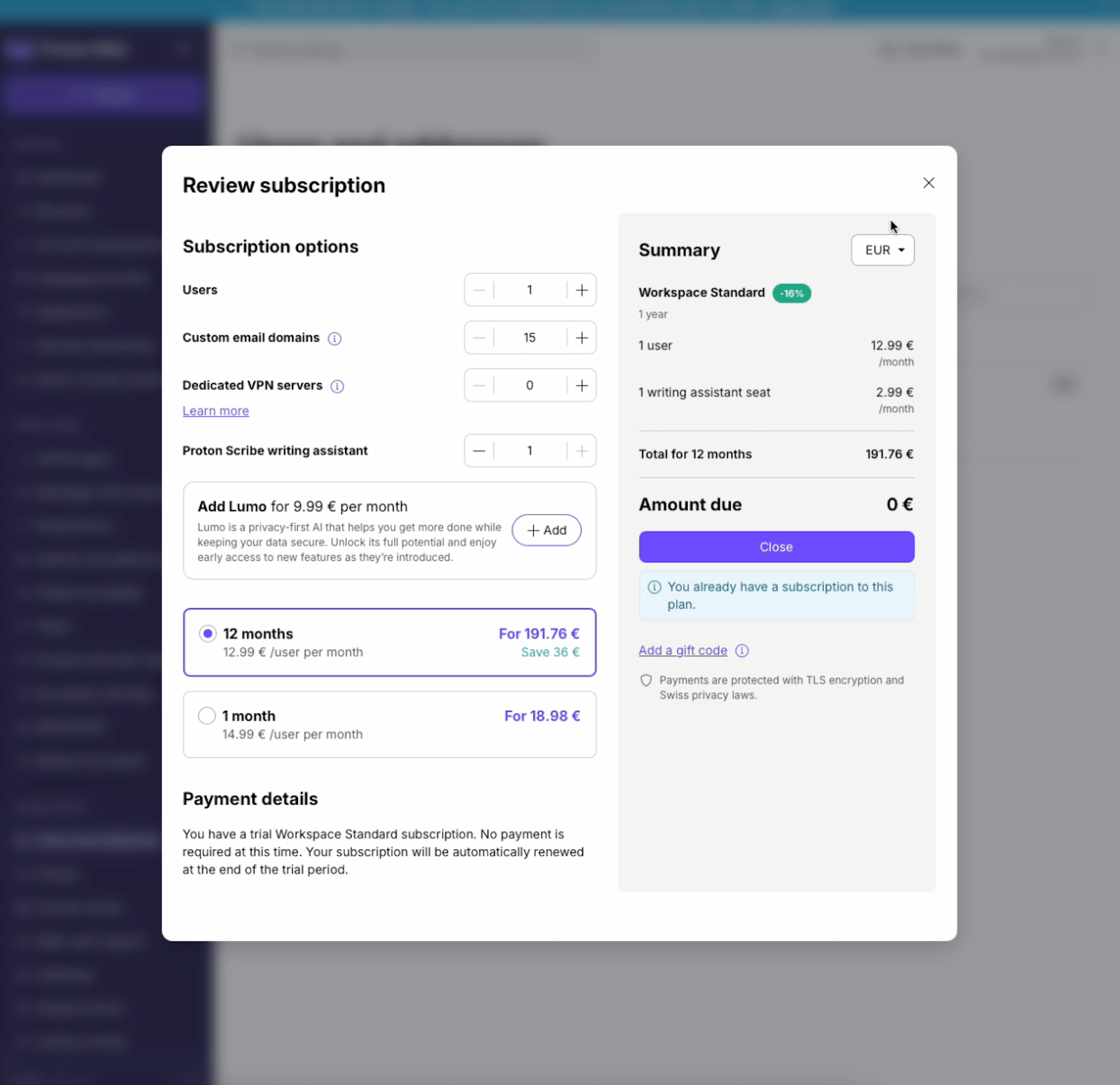 Abonnementsoverzicht Proton Business