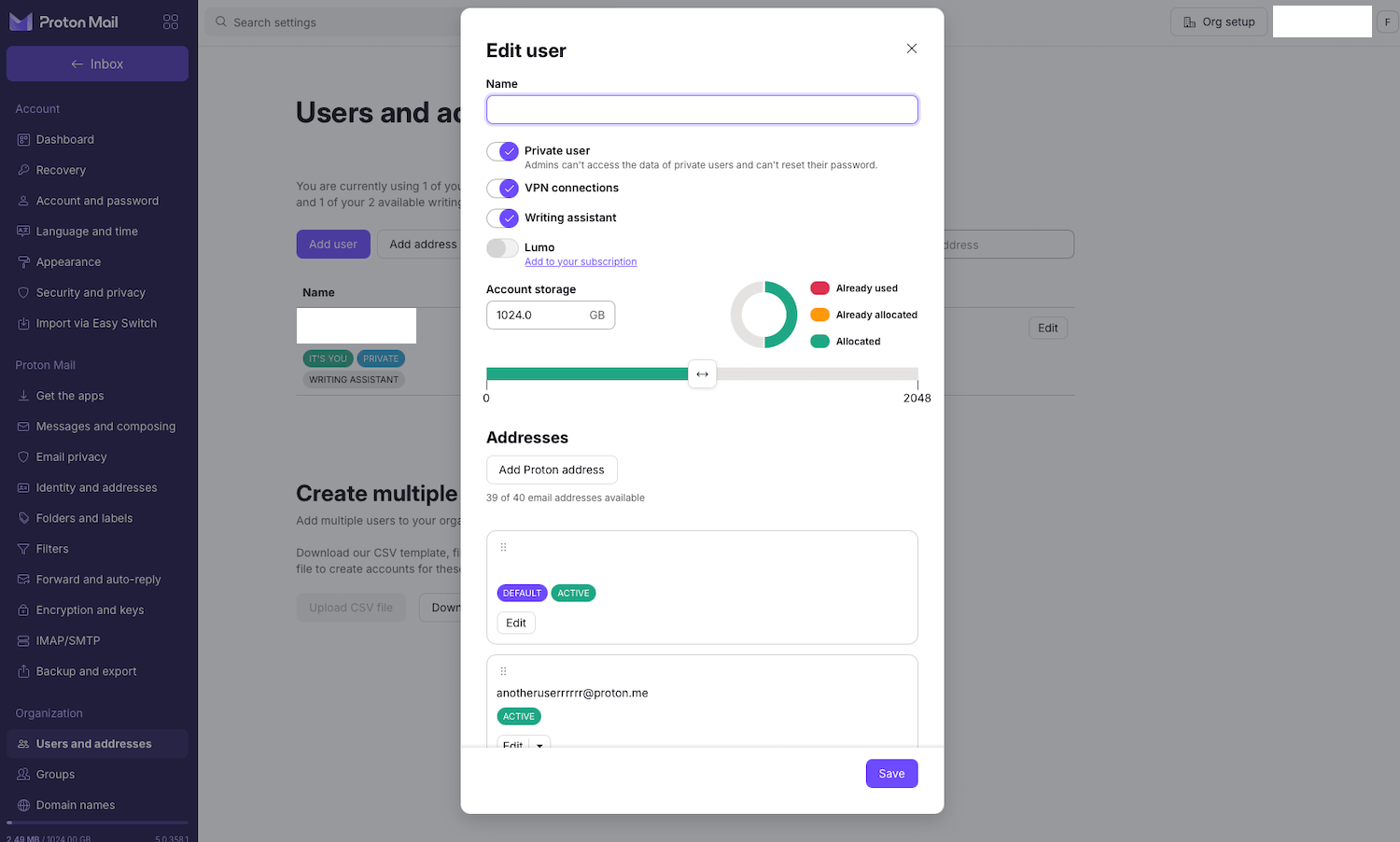 Proton Business functies per gebruiker instellen
