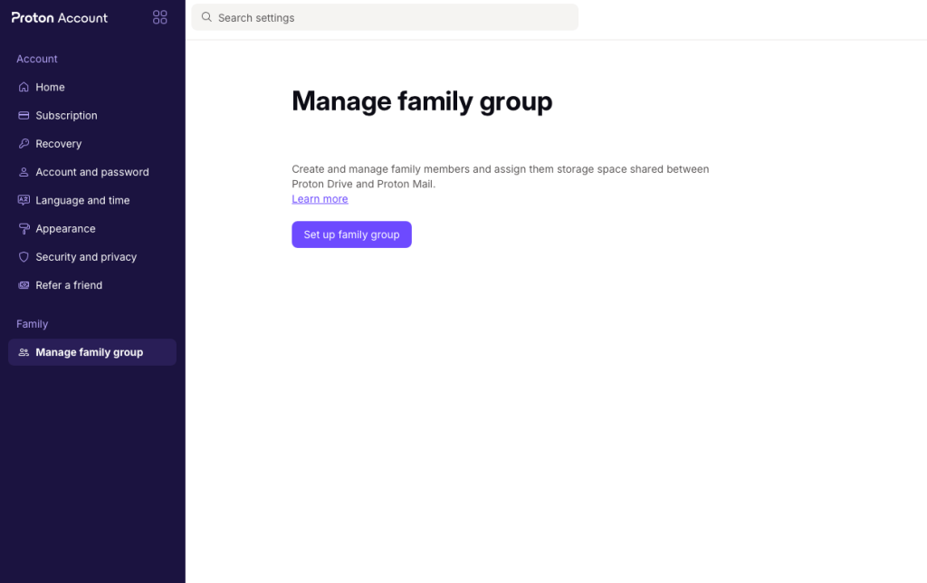Proton Account pagina Manage family group met de knop Set up family group, voordat er een groep is aangemaakt