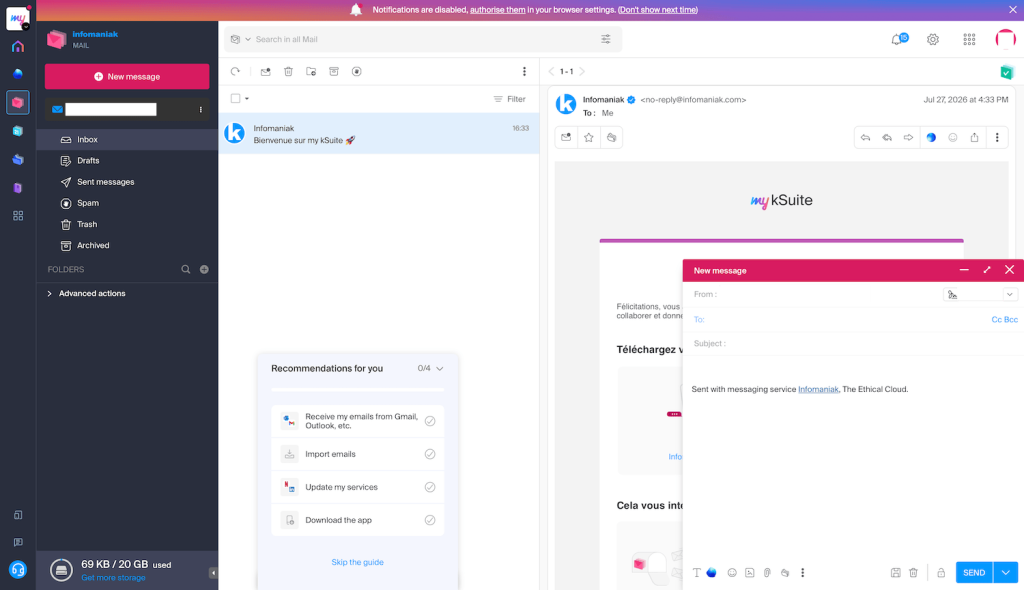Infomaniak Mail: een venster voor het opstellen van e-mails dat boven de inbox zweeft en velden bevat voor 'Aan', 'Onderwerp' en 'Bericht'.