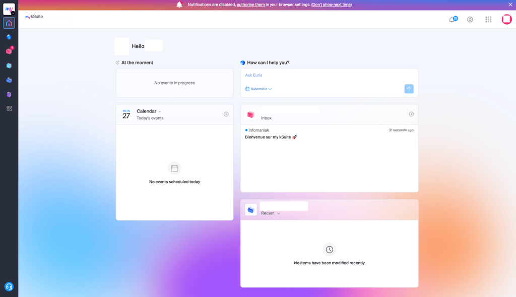 Infomaniak, mijn kSuite-dashboard met agenda, inboxvoorbeeld en AI-assistent Euria op het startscherm.
