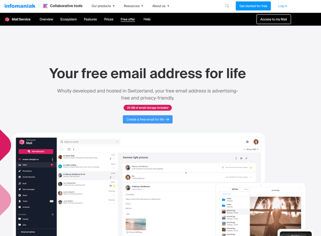 De landingspagina van Infomaniak Mail toont een aanbieding voor een gratis e-mailadres voor het leven met 20 GB opslagruimte.