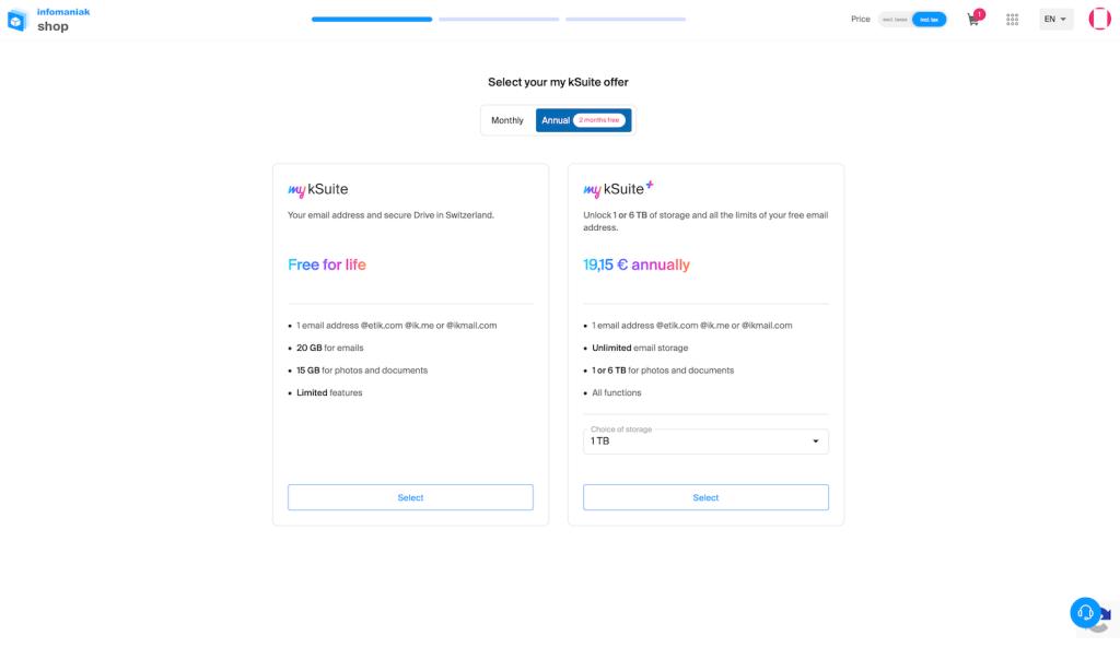 Infomaniak's kSuite-prijslijst toont het gratis abonnement versus het betaalde kSuite+-abonnement van 19,15 euro per jaar.