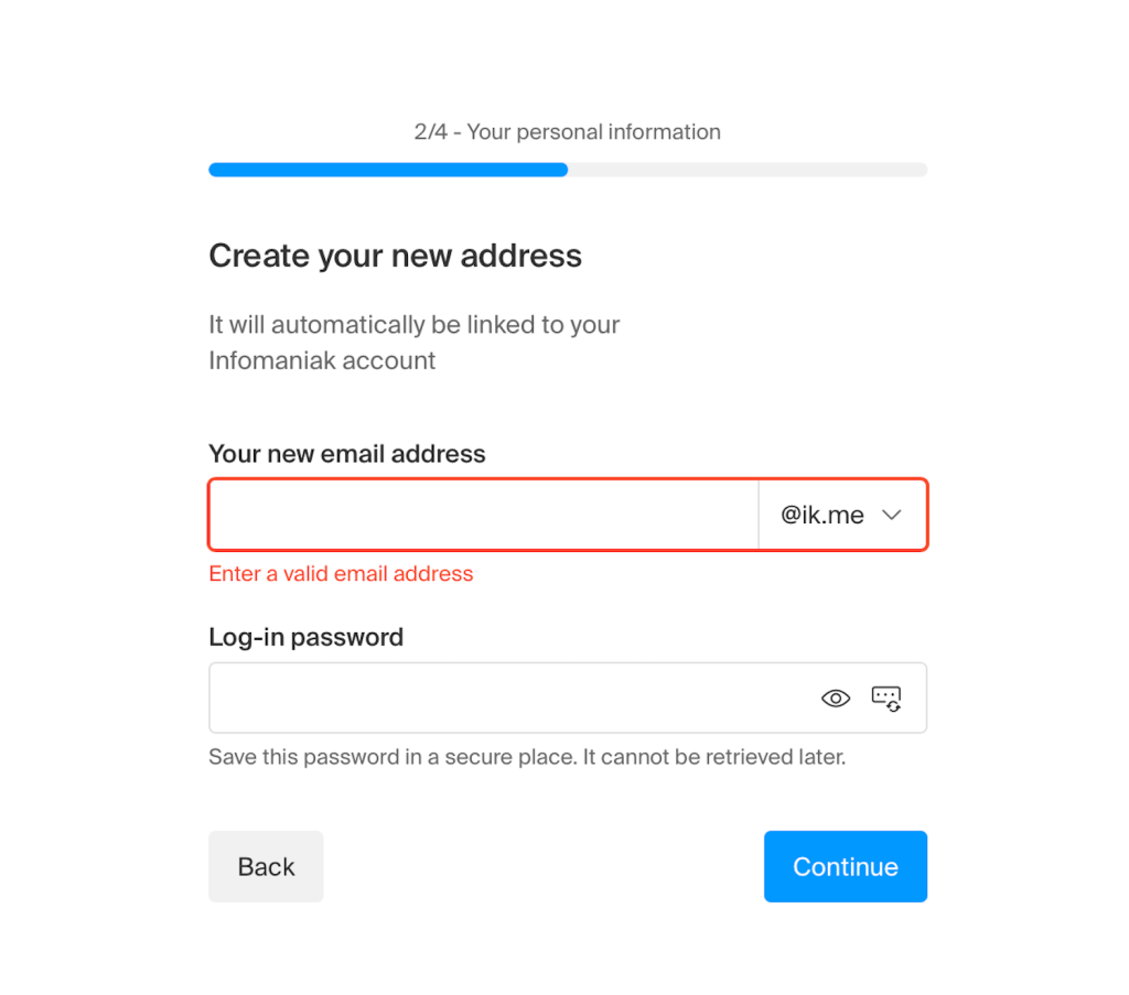 Het Infomaniak-registratieformulier voor e-mail toont stap 2 van 4, waarin gebruikers hun nieuwe e-mailadres en wachtwoord aanmaken.
