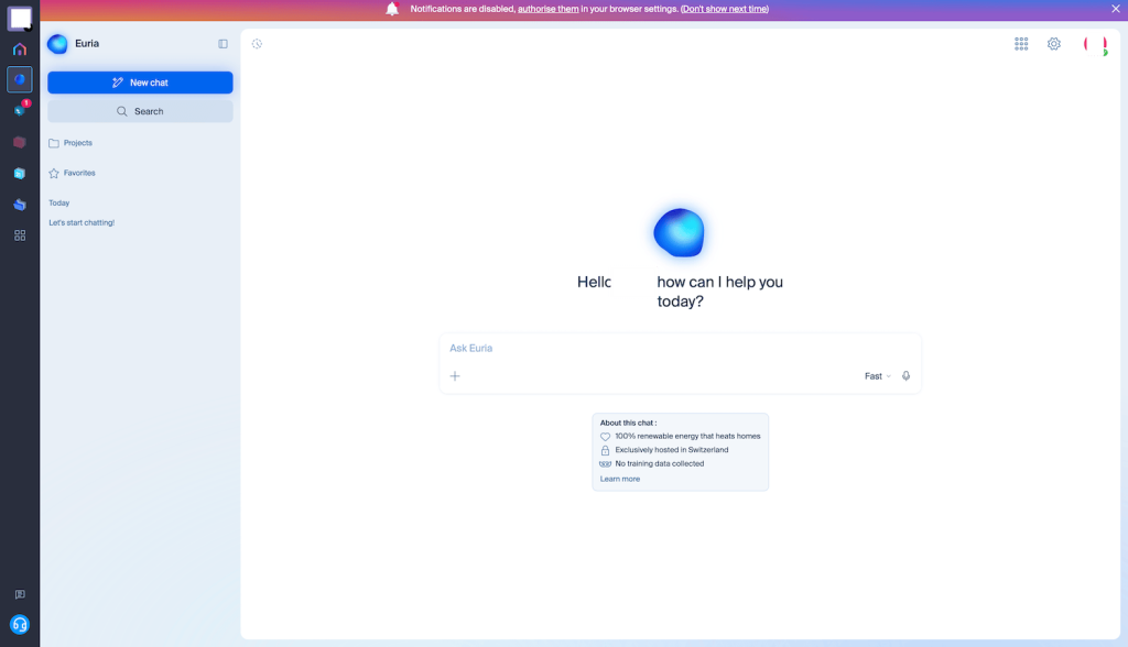 De interface van de Euria AI-assistent toont een chatprompt en informatie over Zwitserse hosting en hernieuwbare energie.