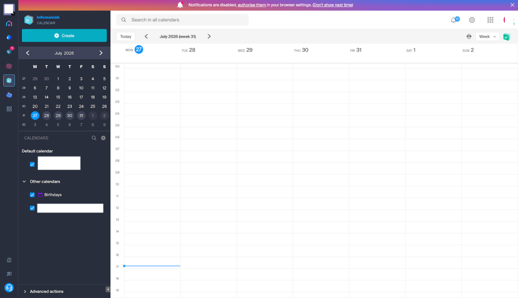 Infomaniak-kalender met weekoverzicht voor juli 2026, inclusief minikalender in de zijbalk en kalenderlijst.
