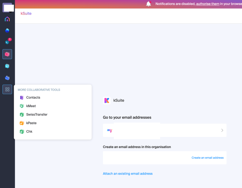 De kSuite-appswitcher toont extra tools zoals Contacten, kMeet, SwissTransfer, kPaste en Chk.