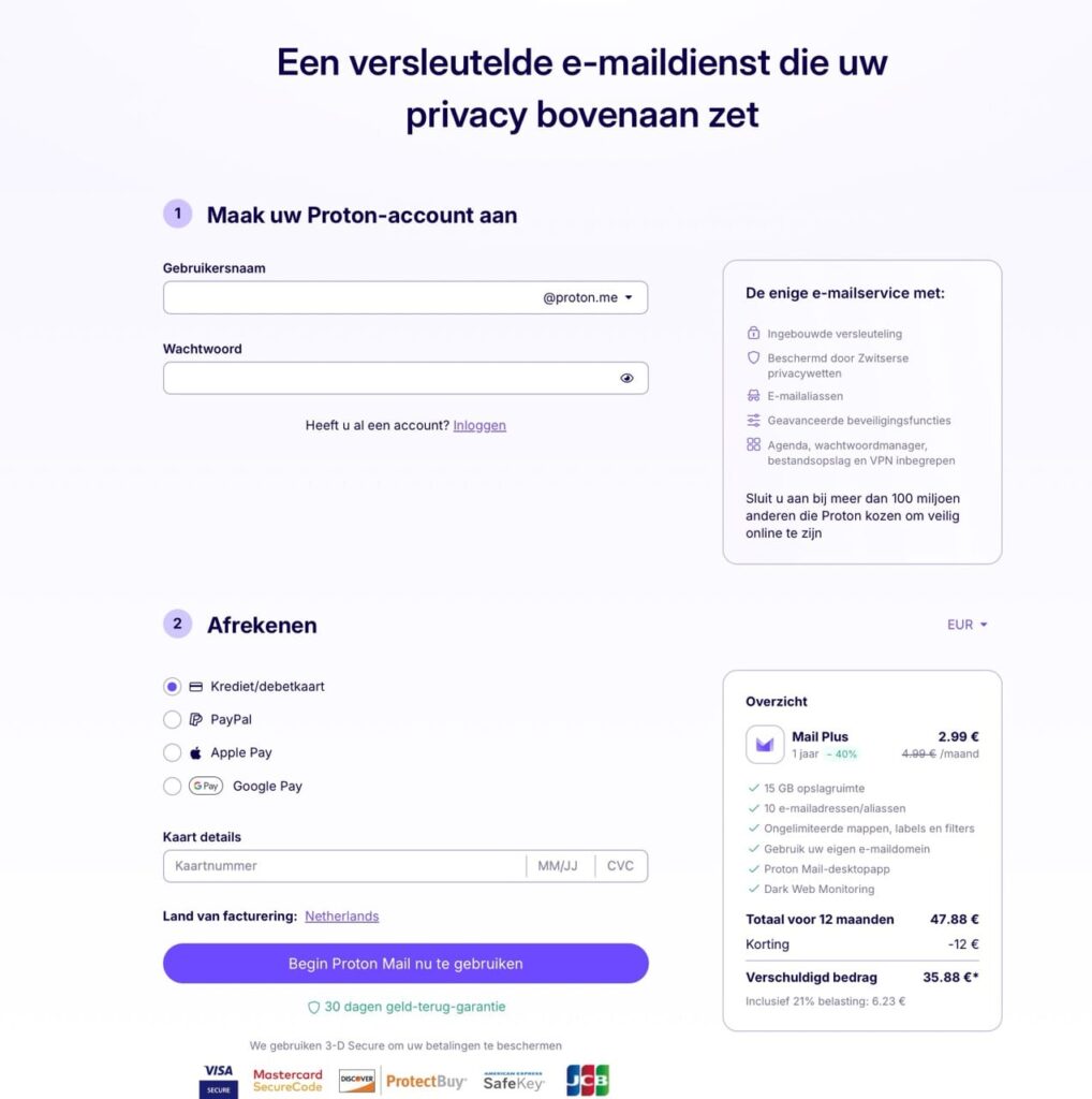 Proton Mail checkout eerste jaar