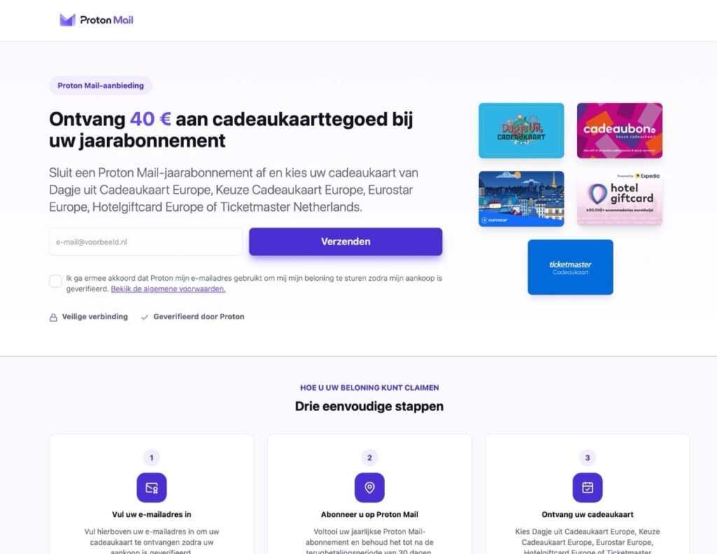 Proton Mail jaarabonnement met gratis cadeaukaart