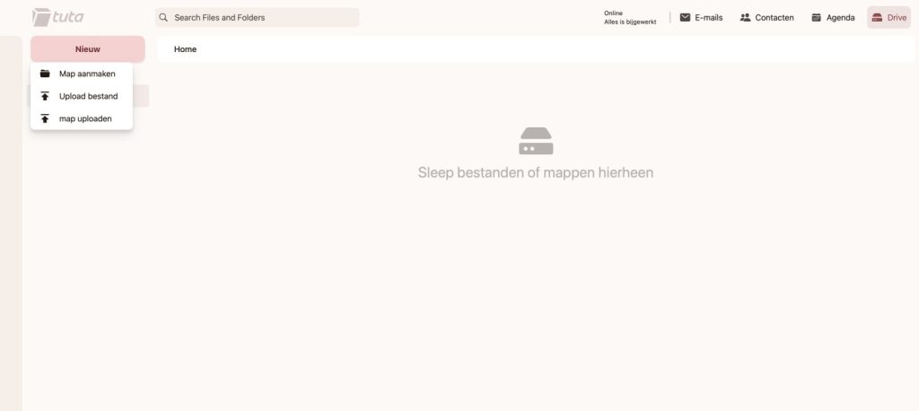 Het dropdownmenu van de knop 'Nieuw' in Tuta Drive met opties om een map aan te maken, een bestand te uploaden of een map te uploaden