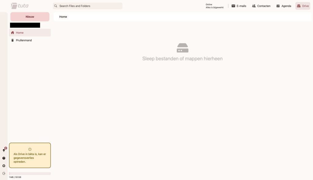Tuta Drive overzicht met het beginscherm in lege toestand en een bèta-waarschuwing linksonder in de interface